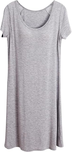 Women Soft Nightgown with Built in Bra Short Sleeve Sleep Shirt Dress Comfy Lounge Nightshirt Cotton Lounge Pajamas