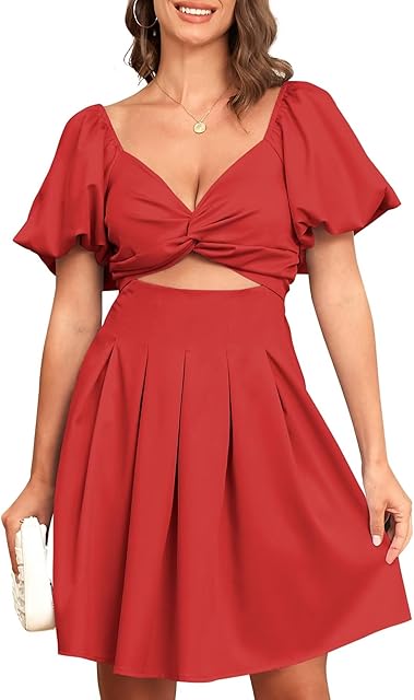 Womens Casual Summer Dresses Sweetheart Neckline Short Puff Sleeve Smocked Mini Dress with Pockets