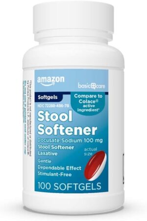 Amazon Basic Care Stool Softener Laxative, Docusate Sodium 100 mg, Softgels, For Constipation Relief, 100 Count