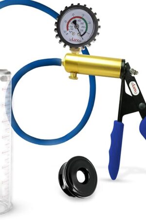 LeLuv Ultima Penis Pump - Brass Handle, Premium Blue Silicone Grips and Hose + Protected Gauge - Bundle with TPR Sleeve Accessory - 9" x 2.25" Round-Flange Cylinder
