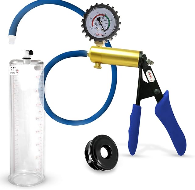 LeLuv Ultima Penis Pump - Brass Handle, Premium Blue Silicone Grips and Hose + Protected Gauge - Bundle with TPR Sleeve Accessory - 9" x 2.25" Round-Flange Cylinder