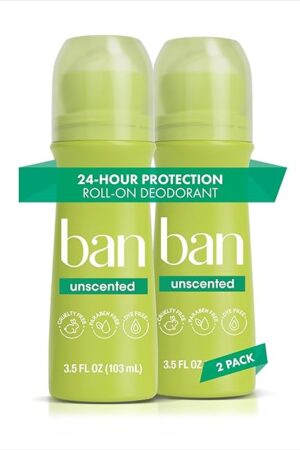 Ban Invisible Roll-on Antiperspirant Deodorant for Women and Men, 24-hour Underarm Odor & Sweat Protection, Unscented, 35 Oz, Pack of 2