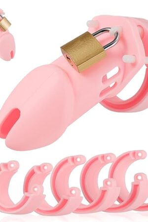 Chastity Cage Sex Toy, Silicone Cock Cage for Men with 5 Sizes Rings & 4 Code Locks, 2 Keys & 1 Lock Set, Male Chastity Devices Sissy Penis Cage Bondage Sex Restraints BDSM Toys (Pink, Large)