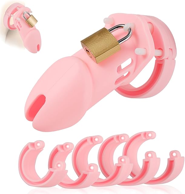 Chastity Cage Sex Toy, Silicone Cock Cage for Men with 5 Sizes Rings & 4 Code Locks, 2 Keys & 1 Lock Set, Male Chastity Devices Sissy Penis Cage Bondage Sex Restraints BDSM Toys (Pink, Large)