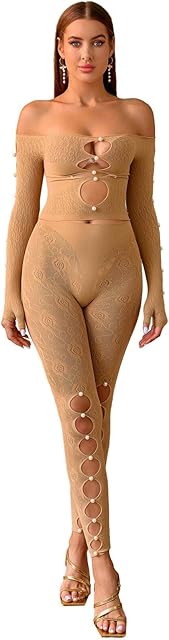 Women's Fishnet Set Lace Pearl Bodystocking Party Dress Stretchy Strapless Top & Tights Sexy Clubwear