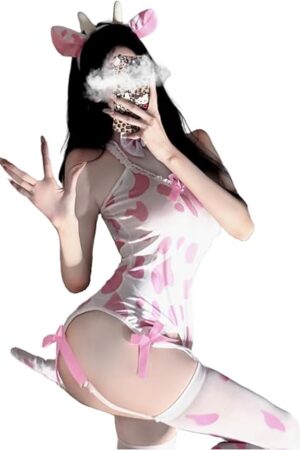 Womens Sexy Cow Print Cosplay Lingerie Set, Lolita Kawaii Bikini Garter Lingerie Bodysuit With Stockings