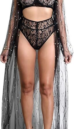 Women's See Through Lingerie with Pearl Black Sexy Robe Kimono Cardigan Exotic Long Sheer Mesh Beach Cover Up