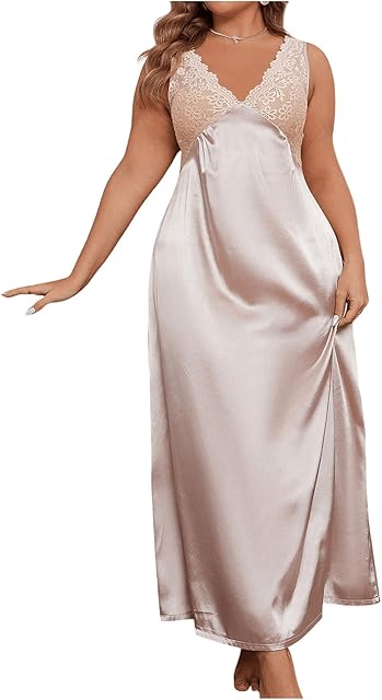 Women's Plus Size Satin Nightgown Double V Neck Lace Backless Long Lingerie Nightdress