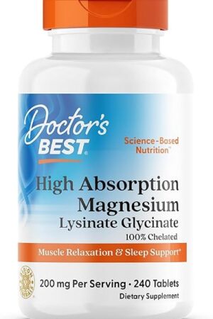 Doctor?s Best High Absorption Magnesium Glycinate Lysinate Supplement - 100% Chelated for Maximum Absorption - Magnesium for Sleep and Muscle Relaxation - 200 Mg Per Serving - 240 Tablets