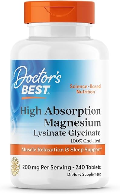 Doctor?s Best High Absorption Magnesium Glycinate Lysinate Supplement - 100% Chelated for Maximum Absorption - Magnesium for Sleep and Muscle Relaxation - 200 Mg Per Serving - 240 Tablets