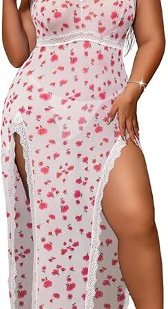 Ditsy Floral Lingerie Dress, Nightgowns For Curvy Women, Fit 1XL-4XL, Plus Size High Slit Sexy Chemises Negligees