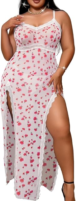 Ditsy Floral Lingerie Dress, Nightgowns For Curvy Women, Fit 1XL-4XL, Plus Size High Slit Sexy Chemises Negligees