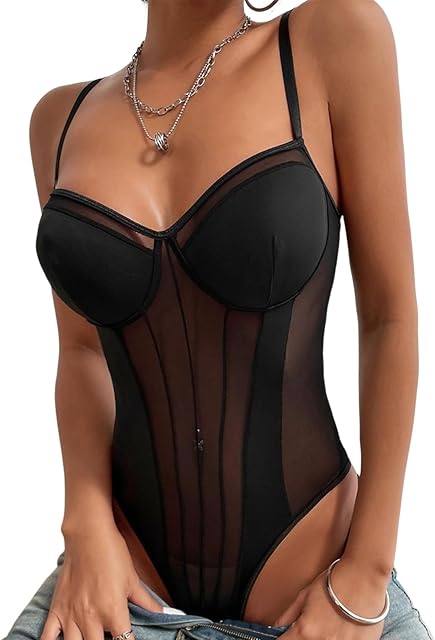 Women's Sexy Bustier Cami Bodysuit Leotards Spaghetti Strap Slim Fit Sheer Mesh Romper Camisole Top Shapewear Lingerie