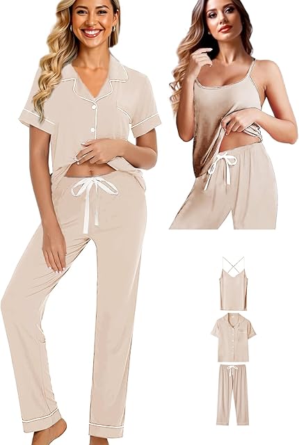 Womens 3Pcs Soft Pajama Sets Sexy Camisole Lingerie XS-4XL Knit Pajamas Set Sleepwear Pjs Nightwear - Size: Large