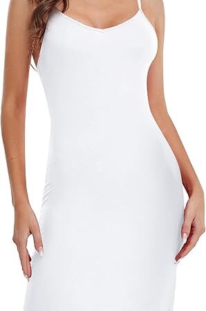 Women's Full Slips Basic Under Dress Adjustable Spaghetti Straps Cami Slip Sexy Chemise Nightgown V Neck Nightwear