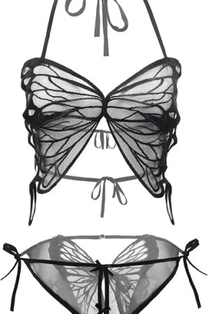 Women Sexy Underwire Butterfly Lingerie Set 2 Pics Mesh Sheer Hollow Out Bra and Panty See Through Cut Out Nightwear