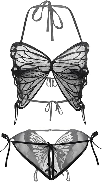 Women Sexy Underwire Butterfly Lingerie Set 2 Pics Mesh Sheer Hollow Out Bra and Panty See Through Cut Out Nightwear