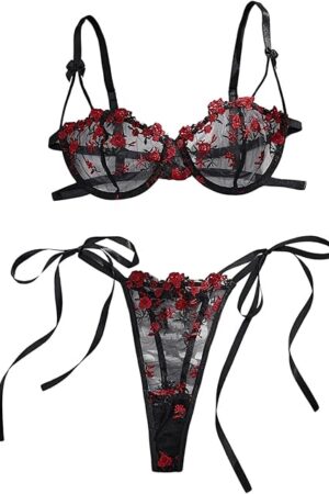 Women's Bow Bra Sexy Lingerie Set Mesh Push Up Bralette and Panty 2 Piece