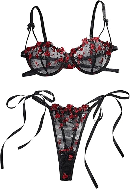 Women's Bow Bra Sexy Lingerie Set Mesh Push Up Bralette and Panty 2 Piece