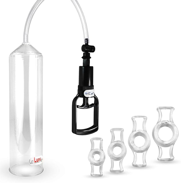 LeLuv Vacuum Pump Easyop Clear 2 Inch Diameter x 9 Inch Length Cylinder Tgrip Handle + 4 Constriction Rings One of Each Size