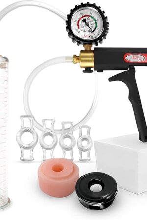 LeLuv Penis Pump Maxi Black Handle + Protected Gauge - Bundle with Clear Hose, Donut, Vacuum Seal and 4 Sizes of Rings - 9 inch x 2.125 Inch Cylinder