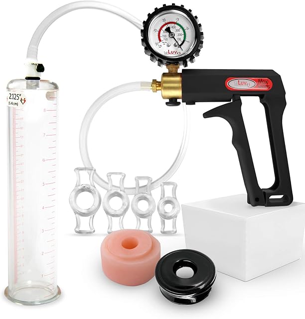 LeLuv Penis Pump Maxi Black Handle + Protected Gauge - Bundle with Clear Hose, Donut, Vacuum Seal and 4 Sizes of Rings - 9 inch x 2.125 Inch Cylinder