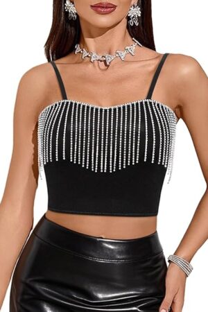 Women's Rhinestone Diamond Tank Top Color Beaded Sling Tube Top Bustier Vest Crop Top Sexy Corset Bra Summer