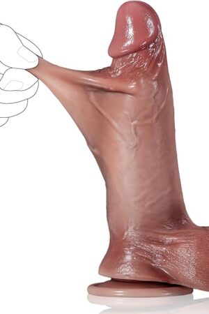 8 Inch Movable Foreskin Dildo - Adult Toy for Women & Him & Couple, Liquid Silicone Dick with Moving Balls & Lifelike Glans & Mount Suction Cup, Realistic Penis Gspot Sexual Pleasure Tool (Brown)