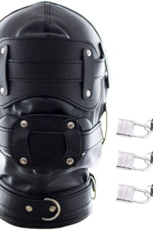 FST Black Leather Bondage Mask Hood,Full Face Blinder Detachable Cover Eye Dildo Mouth Gag Head Hood, for Unisex Adult Play