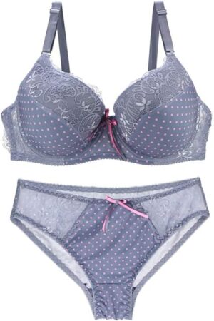 Women Bra and Panty Set Satin Bowknot Lace Polka Dot Underwire Bras Lingerie Set
