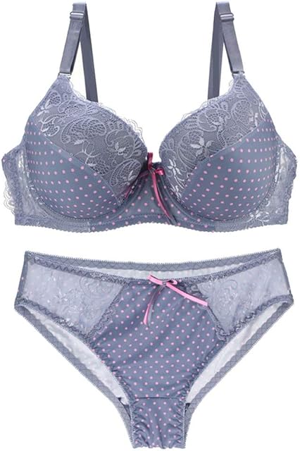 Women Bra and Panty Set Satin Bowknot Lace Polka Dot Underwire Bras Lingerie Set