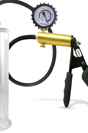 LeLuv Ultima Penis Pump Kit, Brass w/Premium Black Silicone Grips and Hose + Protected Gauge - 9" x 2.50" Round-Flange Cylinder