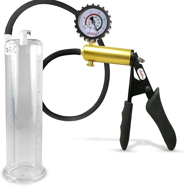LeLuv Ultima Penis Pump Kit, Brass w/Premium Black Silicone Grips and Hose + Protected Gauge - 9" x 2.50" Round-Flange Cylinder