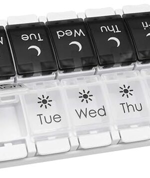 EZY DOSE Push Button (7-Day) Pill Case, Medicine Planner, Vitamin Organizer, 2 Times a Day AM/PM, Removable Trays, Large Compartments, Arthritis Friendly, Spring Open Black and White Lids, BPA Free