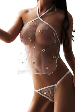 Womens Two Piece Lingerie Sheer Lace Embroidery Babydolls Chemises Panties Set Sexy Halter See Through Teddy for Naughty Sex