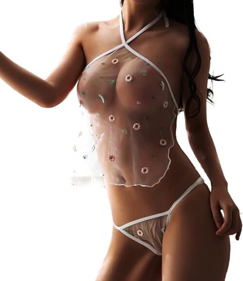 Womens Two Piece Lingerie Sheer Lace Embroidery Babydolls Chemises Panties Set Sexy Halter See Through Teddy for Naughty Sex