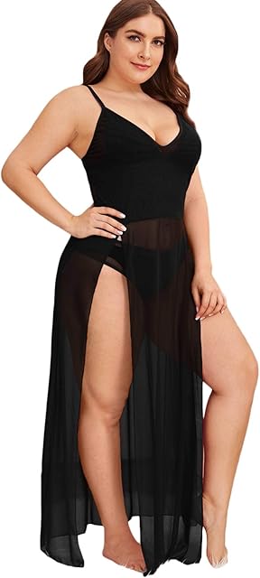 Women's Plus Size Sexy Lace Sleeveless Split Long Mesh Lingerie Dress