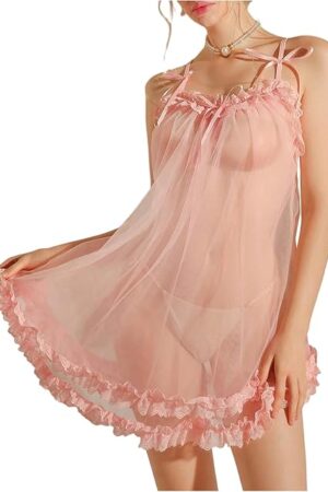 Women's 2 Piece Lingerie Set Bow Sheer Chemise Nightgowns with Thongs Boudoir Sleepwear