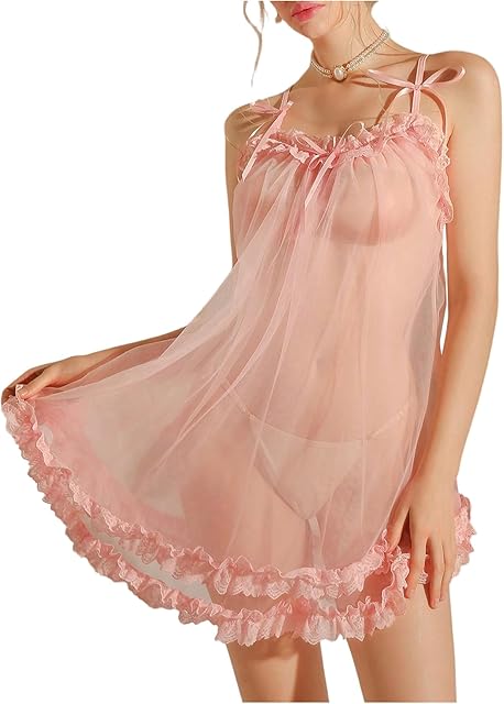 Women's 2 Piece Lingerie Set Bow Sheer Chemise Nightgowns with Thongs Boudoir Sleepwear