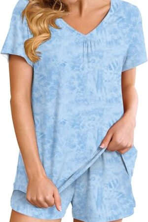 2 Piece Pajamas Sets for Women Soft Comfy,Summer Casual Short Sleeve Tops and Shorts Elegant Floral Lounge Sleepwear