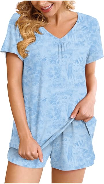 2 Piece Pajamas Sets for Women Soft Comfy,Summer Casual Short Sleeve Tops and Shorts Elegant Floral Lounge Sleepwear