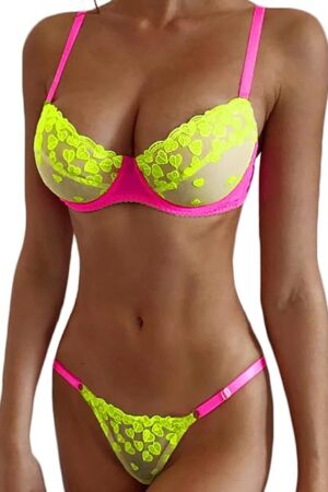 Glow In The Dark, Black Light, Heart Embroidered, Underwire Lingerie