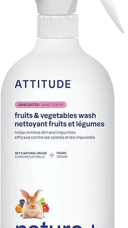 ATTITUDE Fruit & Vegetable Wash, Food-Safe Produce Wash, Removes Dirt & Residue, Vegan & Plant-Based Ingredients, Unscented, 271 Fl Oz