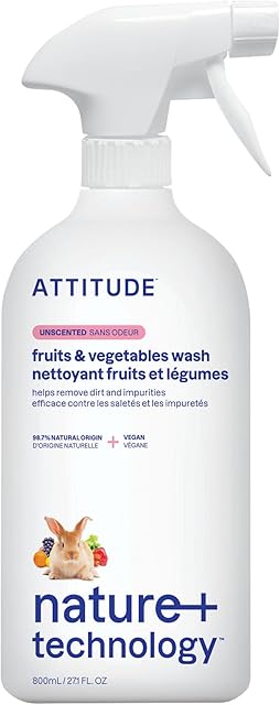 ATTITUDE Fruit & Vegetable Wash, Food-Safe Produce Wash, Removes Dirt & Residue, Vegan & Plant-Based Ingredients, Unscented, 271 Fl Oz