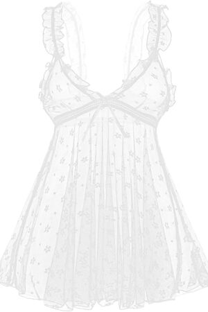 Lace Babydoll Ruffle Lingerie for Women Sexy Mini Mesh Dress Chemise Nightgown Sheer See Through Wedding Nightie