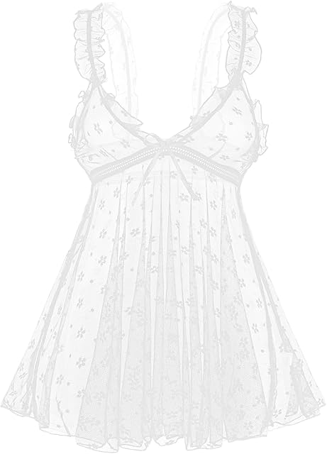Lace Babydoll Ruffle Lingerie for Women Sexy Mini Mesh Dress Chemise Nightgown Sheer See Through Wedding Nightie