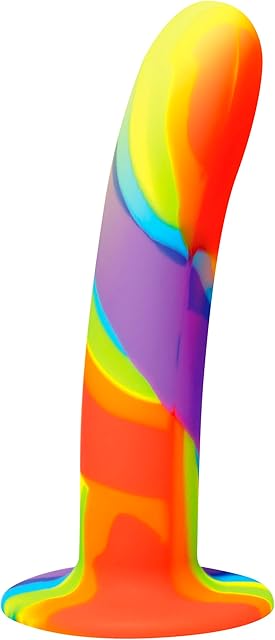 CURVE TOYS Simply Sweet Rainbow Silicone Dildo for Beginners, Men, Women, & Couples. Premium Silicone and Curved and Smooth. Suction Cup Base & Harness Compatible.1 Piece, Rainbow.