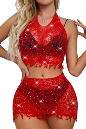 Womens Rhinestone Fishnet Lingerie Set Sexy Lace Chemise Nightgown Lace BIkini Set Sexy Full Slips Sleepwear