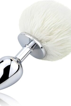 Bunny Tail Anal Plug, Metal Butt Plug with White Fluffy Rabbit Tail for Anal Sex Toys for Women Fun Sex Games (Medium)