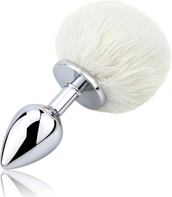 Bunny Tail Anal Plug, Metal Butt Plug with White Fluffy Rabbit Tail for Anal Sex Toys for Women Fun Sex Games (Medium)
